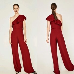 Zara Red Burgundy One-Shoulder Ruffle Jumpsuit, Size S